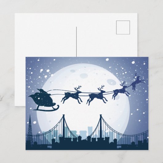 Kerstman en rendieren vliegende nachtelijke hemel feestdagenkaart (Voorkant / Achterkant)