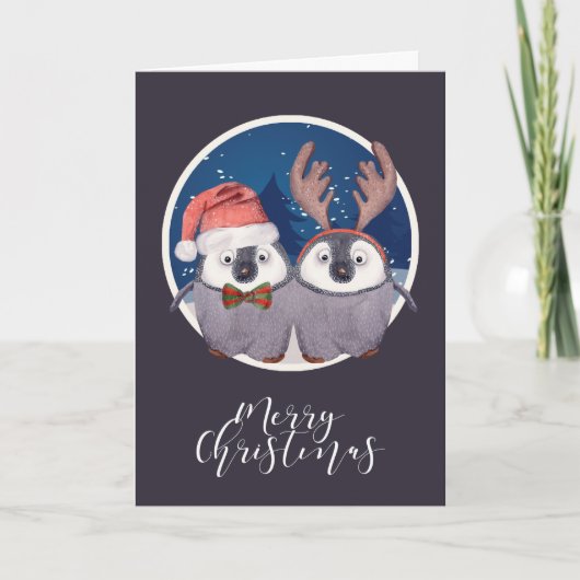 kerstman en rendierpinguïn Couple Feestdagen Kaart (Voorkant)
