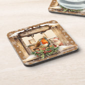 Kerstman en Robin Kerstmis Bier Onderzetter (Linkerzijde)