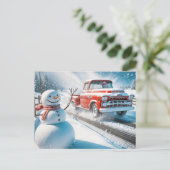 Kerstman en rode retro truck feestdagenkaart (Staand voorkant)