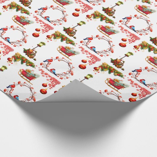 Kerstman en rode slee glanzend cadeaupapier (Hoek)
