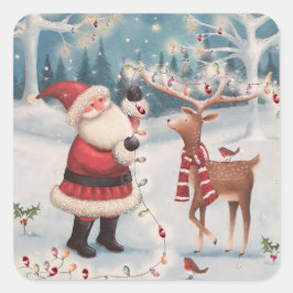 Kerstman en Rudolph Kerstmis Sneeuwscène Vierkante Sticker