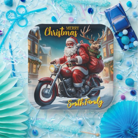 Kerstman en Rudolph rendier motorfiets Papieren Bordje (Feest)