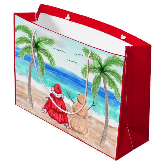 Kerstman en Sand Snowman op het kerststrand Groot Cadeauzakje (Achterkant Gekanteld)