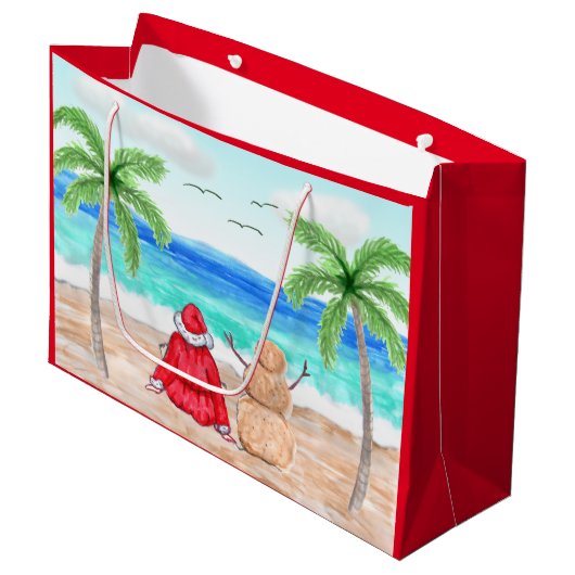 Kerstman en Sand Snowman op het kerststrand Groot Cadeauzakje (Voorkant Gekanteld)