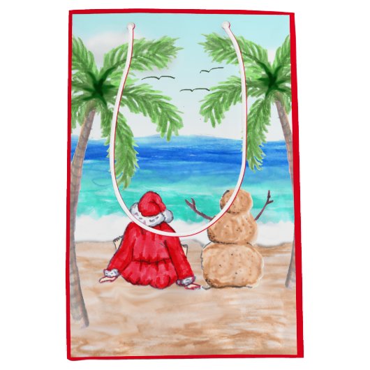 Kerstman en Sand Snowman op het kerststrand Medium Cadeauzakje (Voorkant)