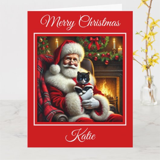 Kerstman en Schattigee zwart-witte kitten Kaart (Gele Bloem)