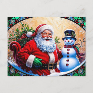 Kerstman en Sneeuwman Kerstmis Gebrandschilderd Gl Feestdagenkaart
