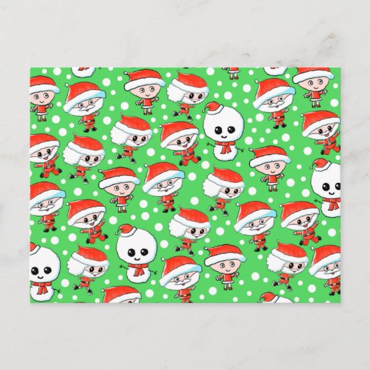 Kerstman en Sneeuwman op Groen. Feestdagenkaart (Voorkant)