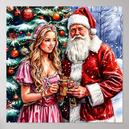 Kerstman en Sneeuwmeisje Feestelijke Kerstmis Poster (Voorkant)