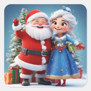 Kerstman en Sneeuwmeisje vieren Kerstmis Vierkante Sticker
