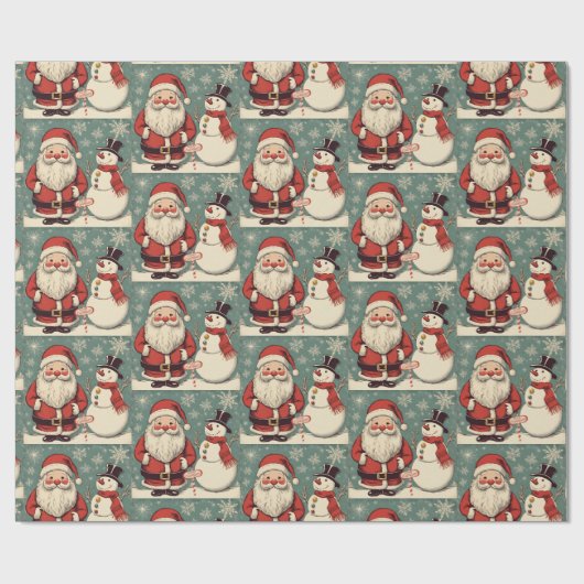 Kerstman en sneeuwpop cadeaupapier (Vlak)