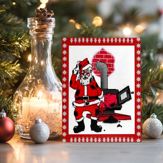 kerstman en steenkolenstovenbrander feestdagenkaart