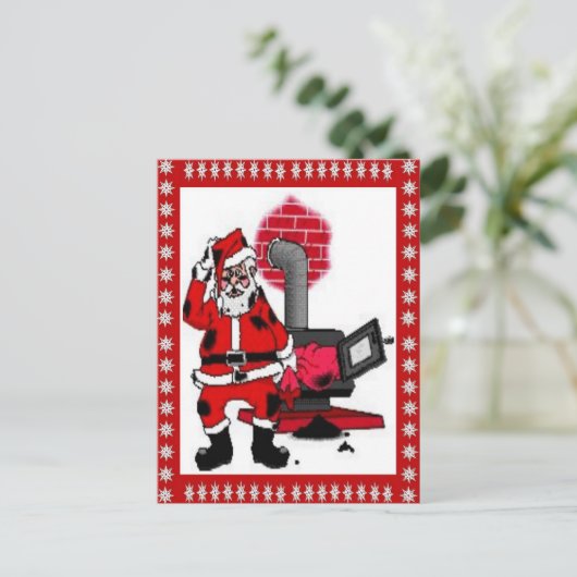  kerstman en steenkolenstovenbrander feestdagenkaart (Staand voorkant)