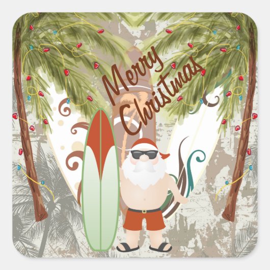 Kerstman en surfplank Vrolijk kerststrand Vierkante Sticker (Voorkant)