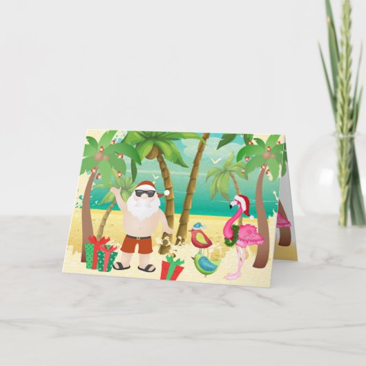 Kerstman en tropische vogels met kerstmis feestdagen kaart (Voorkant)