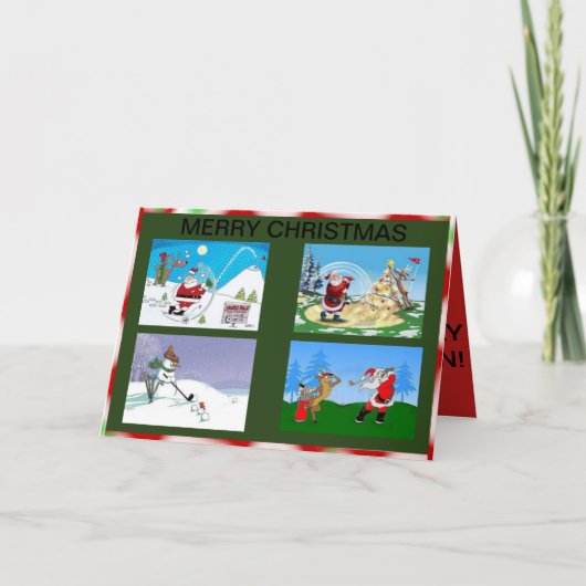 Kerstman en vrienden die op een Kerstkaart golfing Feestdagen Kaart (Voorkant)