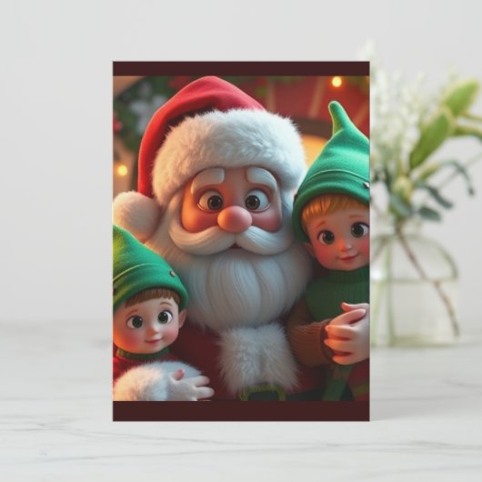 Kerstman en zijn elfen feestdagenkaart (Staand voorkant)