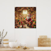 Kerstman en zijn elfen in de kerstworkshop muur poster (Keuken)