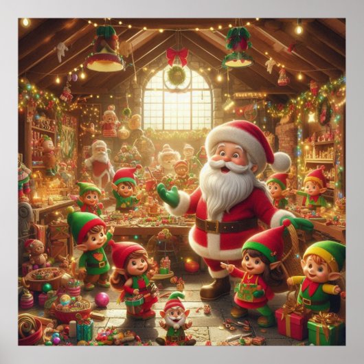 Kerstman en zijn elfen in de kerstworkshop muur poster (Voorkant)