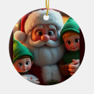 Kerstman en zijn elfen keramisch ornament