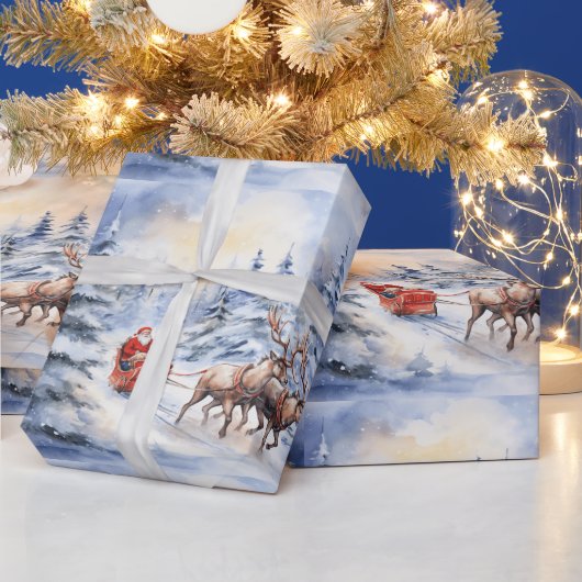 Kerstman en zijn rendier op een besneeuwde kerstav cadeaupapier (Feestdagen)