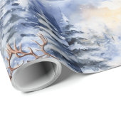 Kerstman en zijn rendier op een besneeuwde kerstav cadeaupapier (Rol Hoek)