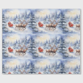 Kerstman en zijn rendier op een besneeuwde kerstav cadeaupapier (Vlak)