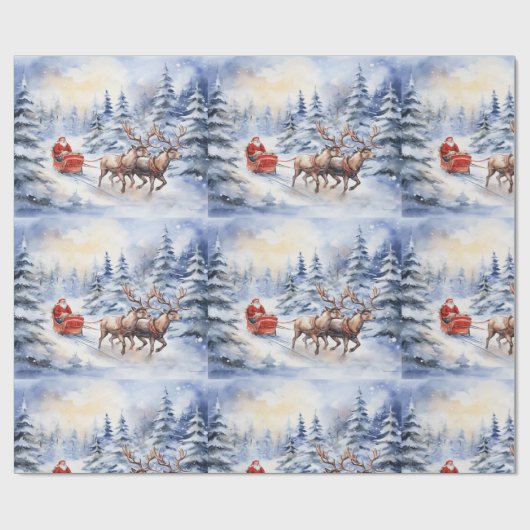 Kerstman en zijn rendier op een besneeuwde kerstav cadeaupapier (Vlak)