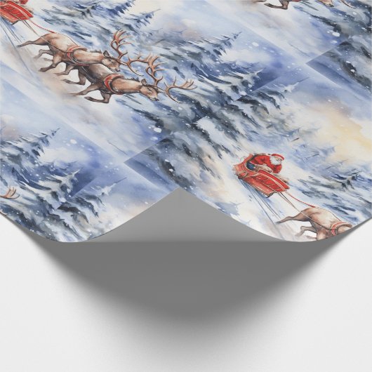 Kerstman en zijn rendier op een besneeuwde kerstav cadeaupapier (Hoek)