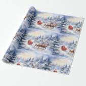 Kerstman en zijn rendier op een besneeuwde kerstav cadeaupapier (Uitgerold)