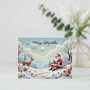 Kerstman en zijn rendieren in besneeuwd landschap feestdagenkaart