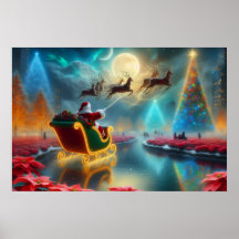 Kerstman en zijn rendieren vliegen in de lucht Pos