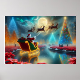 Kerstman en zijn rendieren vliegen in de lucht Pos Poster