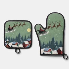 Kerstman en zijn slee ovenwant & pannenlap set