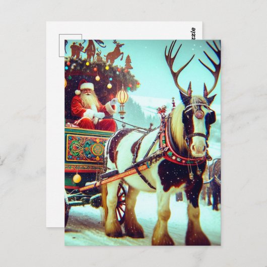 Kerstman en zijn Wagon Paard met gewei Briefkaart (Voorkant / Achterkant)