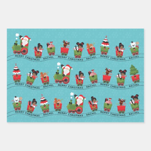Kerstman en zwart meisje op trein inpakpapier vel (Voorkant)