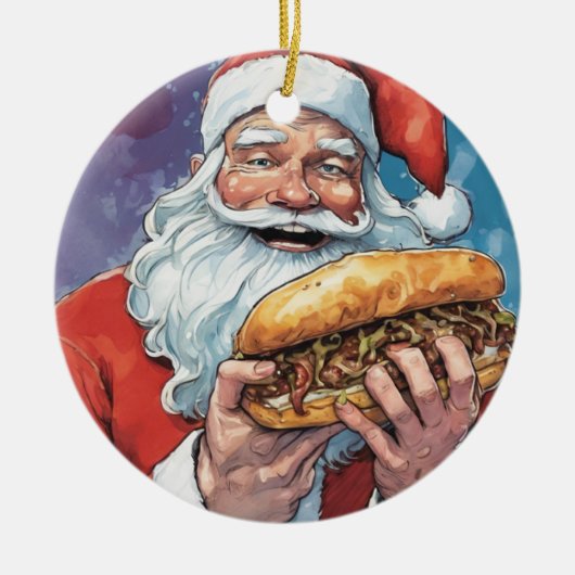 Kerstman eten Philly cheesesteak Keramisch Ornament (Voorkant)