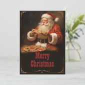 Kerstman eten pizza feestdagenkaart (Staand voorkant)