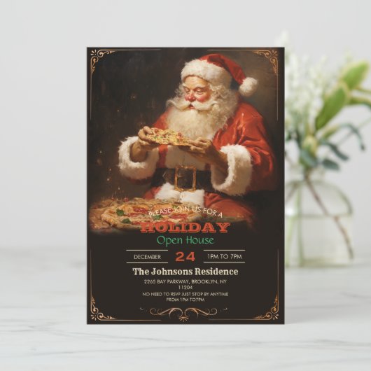 Kerstman eten pizza kaart (Staand voorkant)