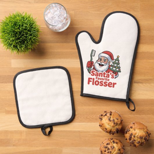 Kerstman Favoriete Flosser Kerst Tandheelkundige T Ovenwant & Pannenlap Set (Top down)