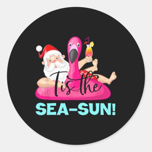 Kerstman Flamingo Float Tis De Zee-zon Kerstmis Ronde Sticker (Voorkant)