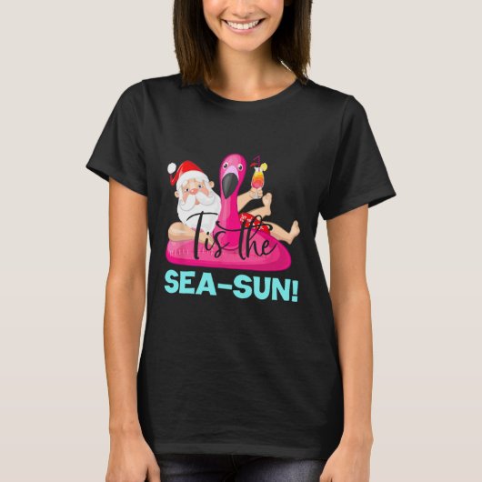 Kerstman Flamingo Float Tis De Zee-zon Kerstmis T-shirt (Voorkant)