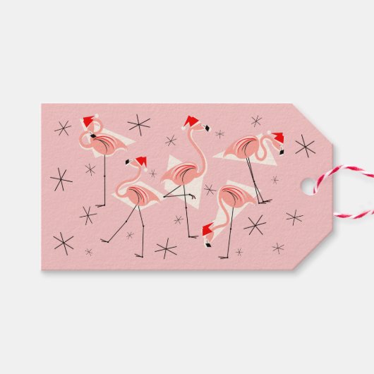 Kerstman Flamingo's Roze cadeautagels Cadeaulabel (Voorkant (Horizontaal))