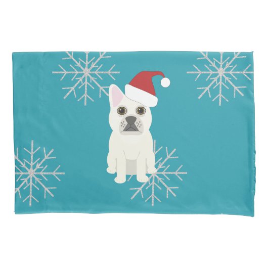 Kerstman Frenchie, Sneeuwvlokken Blauw Kussensloop (Voorkant)