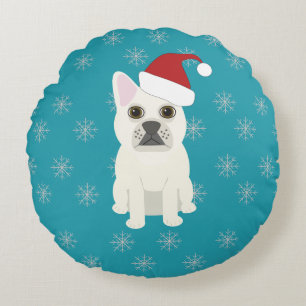 Kerstman Frenchie, Sneeuwvlokken Blauw Rond Kussen