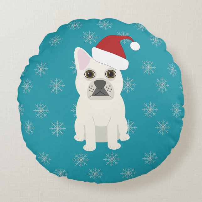 Kerstman Frenchie, Sneeuwvlokken Blauw Rond Kussen (Voorkant)