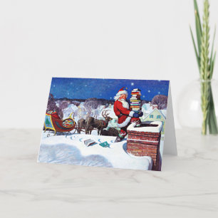 Kerstman gaat de schoorsteen af om boeken te bezor feestdagen kaart