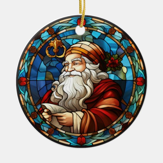 Kerstman gebrandschilderd glas stijl keramisch ornament (Voorkant)