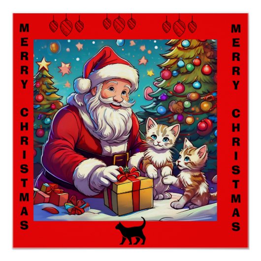 Kerstman geeft Cadeaus aan twee jonge Kittens Perfect Poster (Voorkant)